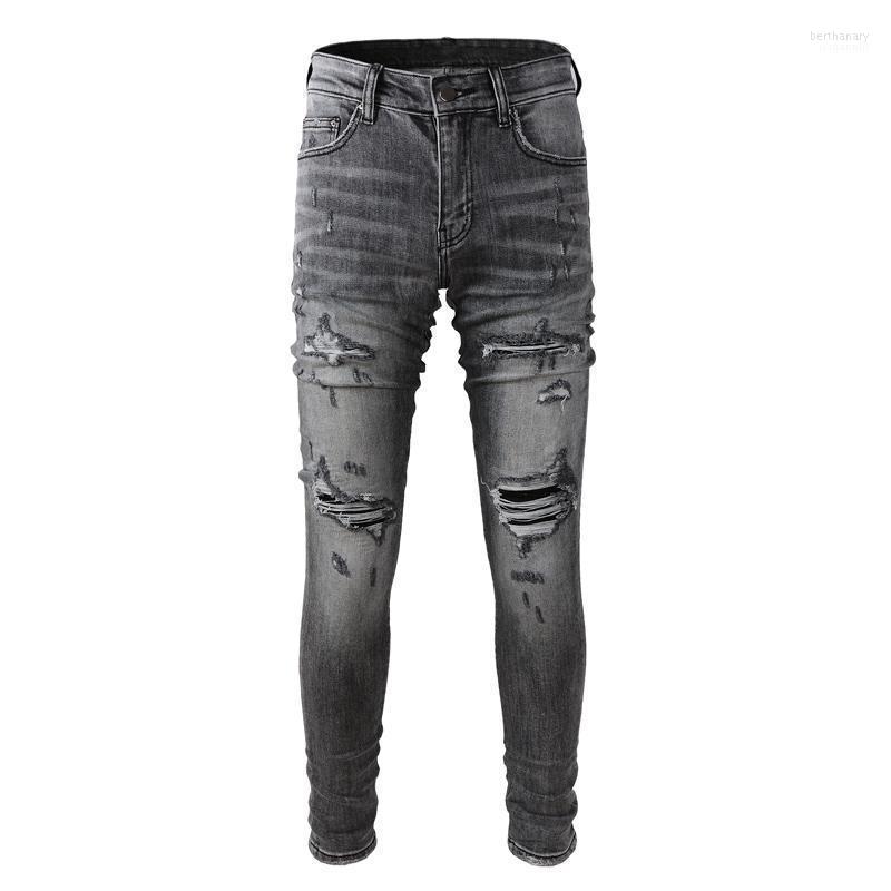 

Men's Jeans Streetwear Fashion Designer Men Retro Dark Gray Elastic Slim Fit Ripped Stretch Hip Hop Destroyed Denim Pants Bert22, Retro black gray