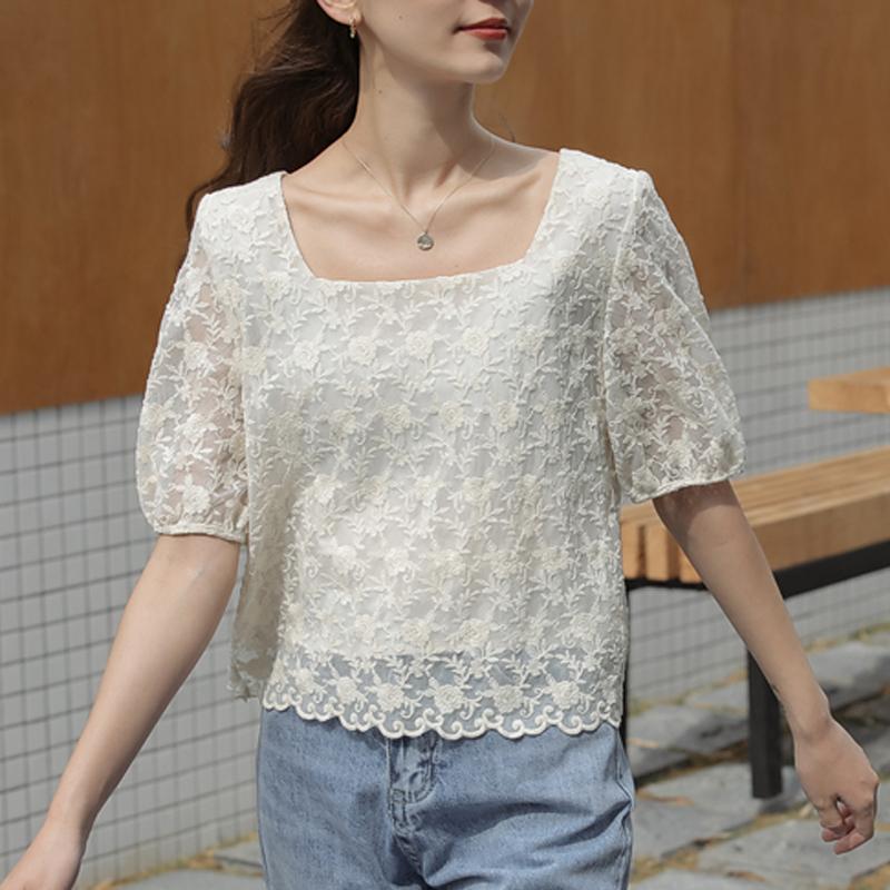 

Women's Blouses & Shirts Blusas Mujer Short Sleeve Lace 2022 Puff Vintage Summer Loose Korean Print Fashion Lady Clothing 10219, White