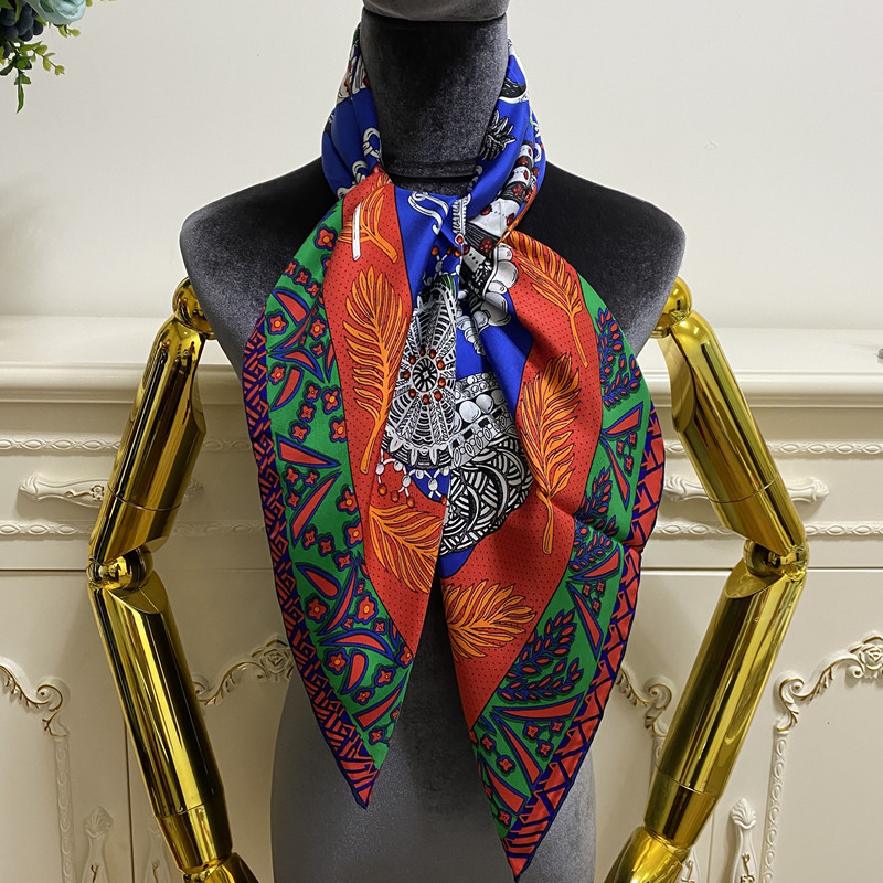 

Women's square scarf scarves good quality 100% twill silk material blue color pint pattern size 90cm- 90cm