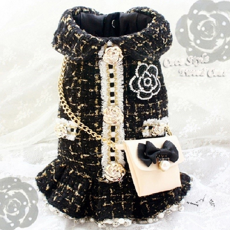 

Handmade Dog Apparel Tweed Dog Clothes Pet Coat Cats Cool Vintage Luxury Black Gold Retro Camellia C Brooch Chain Bag, Camellia brooch