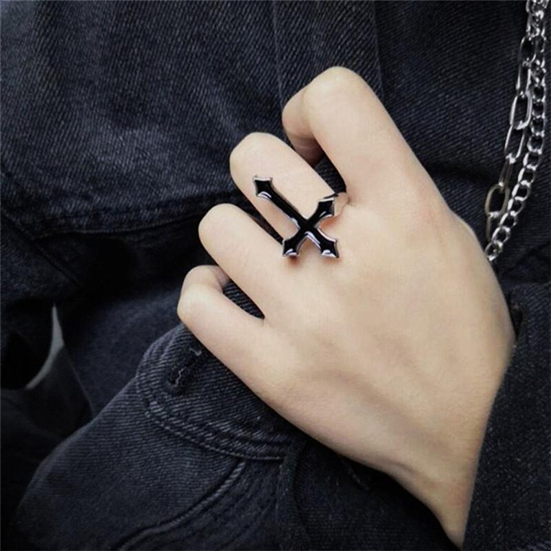 

Cluster Rings Vintage Black Big Cross Open Ring For Women Party Jewelry Men Trendy Gothic Metal Color Finger RingCluster