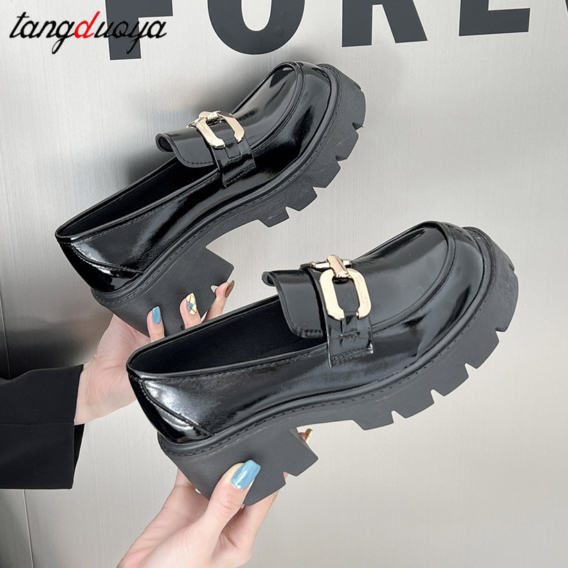 

French Style Woman High Heels Pumps Chaussure Femme Patent Leather College Shoes Lolita Cosplay Platform Chunky Sole Loafers, Black chain