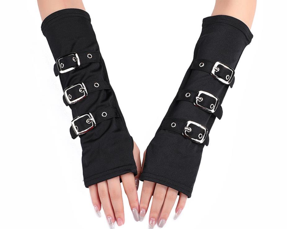 

Gothic Punk Fingerless Gloves for Women - Buckle Accents, Arm Warmer Costume Accessory in Black Milk Silk Fabric