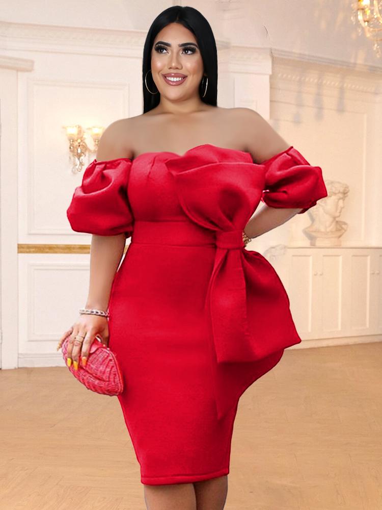 

Plus Size Dresses Off Shouler Red Women Tube Top Sexy Bodycon Knee Length Christmas Evening Cocktail Outfits With Bowtie Gowns