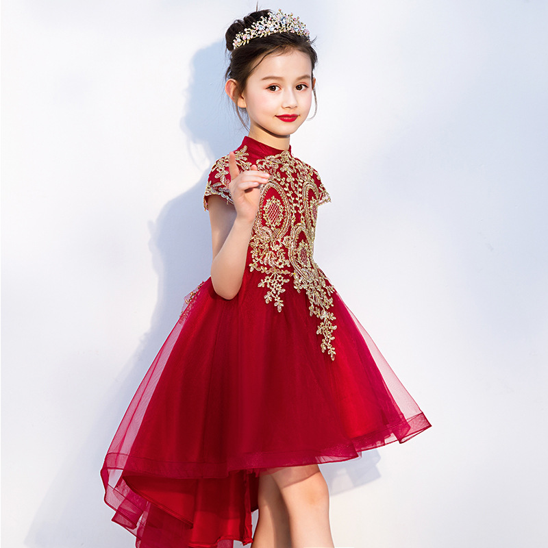 Luxueux Flower Girl Dress Long Train Avec Bow Bead 3D Fleurs Appqulies Robe De Bal Princesse Holy Fisrst Communion haut bas Filles Pageant Robes