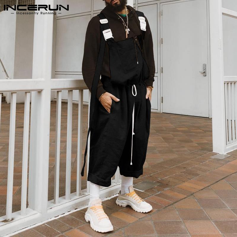

Men's Pants Fashion Men Jumpsuits Solid Color Streetwear Drawstring Casual Straps Suspender Rompers 2022 Overalls INCERUN 7, Black