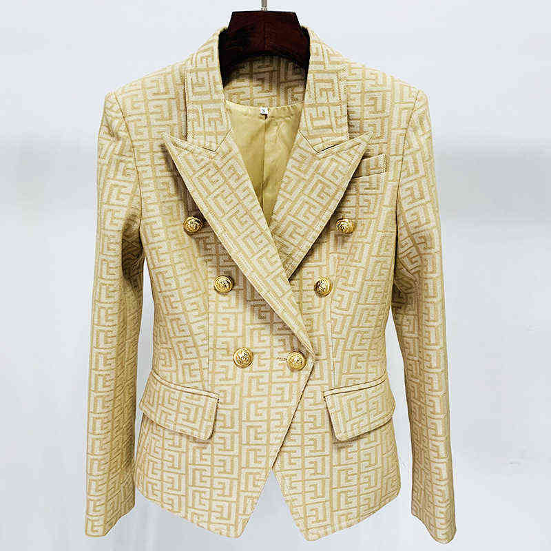 

Blazer Women Kaki Plaid Labyrinth Jacquard Double Breasted Golden Lion Button Office Business Blazers Jacket 2022 High Quality J220813, Pink suit