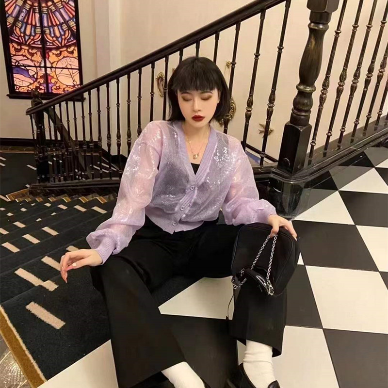 

224 2022 Milan Runway Spring Summer Brand Same Style Sweater Long Sleeve V Neck Purple Black Cardigan Striped High Quality Womens ou