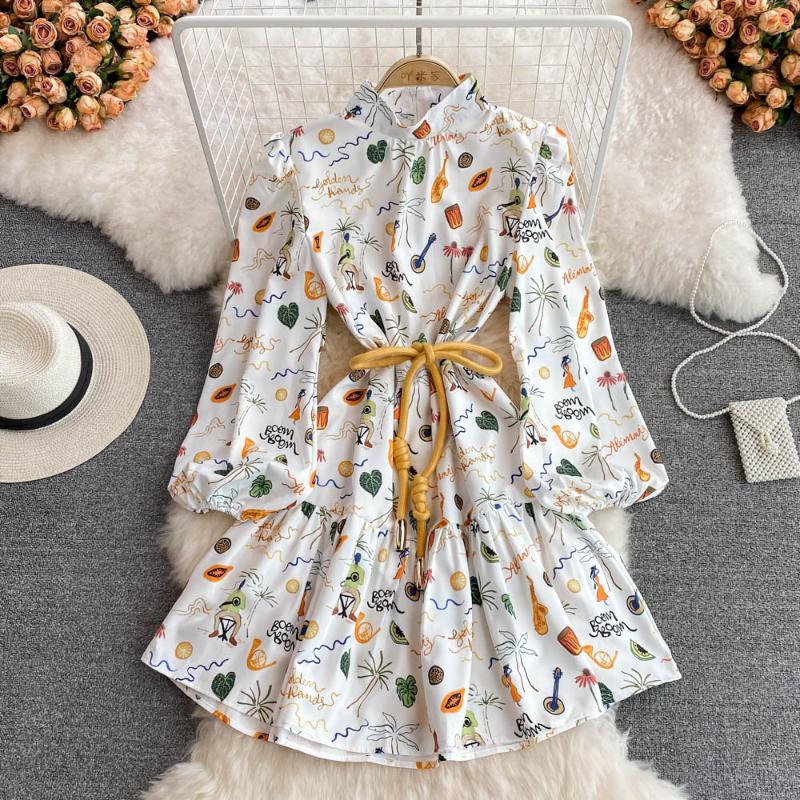 

Casual Dresses Spring 2022 Australian Minority Graffiti Children's Fun Close Waist Thin Bubble Sleeve Stand Collar Ruffle DressCasual, White