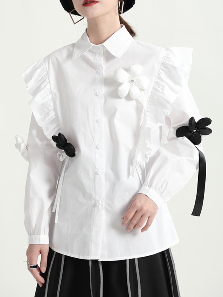 

Women' Polos Fashion Runway 2022 Spring Cotton Top Women White Black Single Breasted Ruffles 3D Flowers Ladies ShirtWomen' Women'sWomen