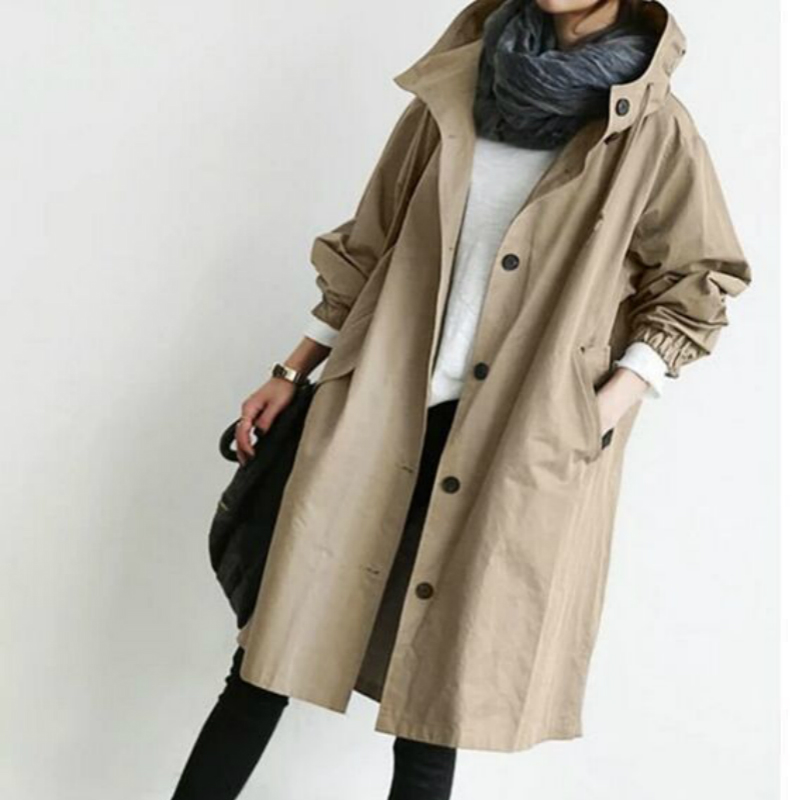 

Grey Fashion Trench Coat Female Autumn Casual Long Sleeve Hooded Medium Overcoat Loose Windbreaker Spring Trench Plus Size, Khaki