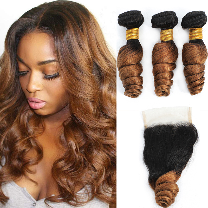 

10A 100% Unprocessed Virgin Hair Brazilian Loose Wave Bundles With Lace Closure 3 Tones T1B 4 30 Ombre Wet And Wavy Hair With Closures Thick End Remy Hair Extensions, Ombre color