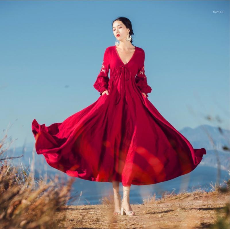 

Casual Dresses High Quality Explosions Leisure Elegant Embroidery Women V-neck Autumn Long Swing, As pic