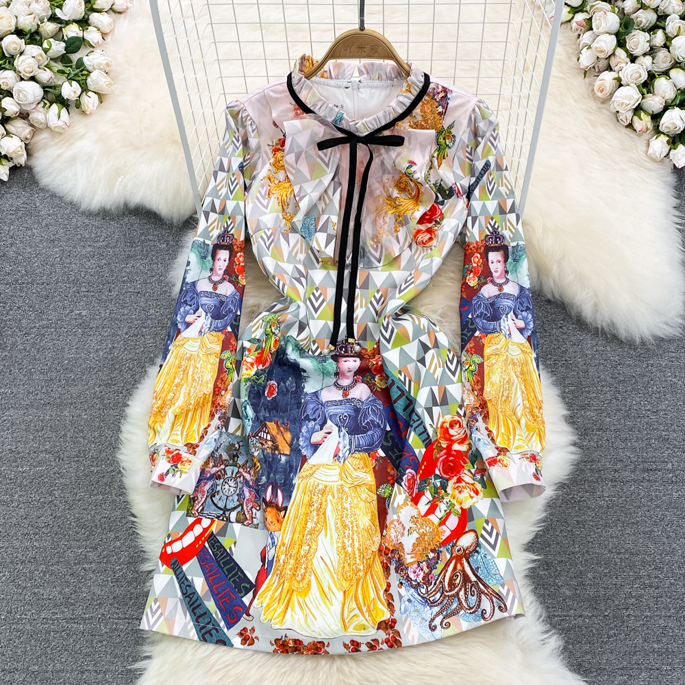 

Vintage Yellow/Pink/Green Patchwork Pleated Long Dress Women Spring Autumn Elegant Turn-Down Collar High Waist Draped Robe 2022, Same as picture