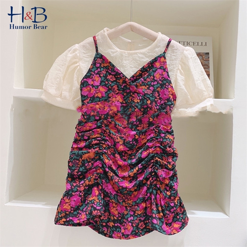 

Humor Bear Girls Set Summer Fashion Short Sleeve Top Sling Floral Dress 2PCS Toddler Kids Clothes 220617, Bz2651 beige