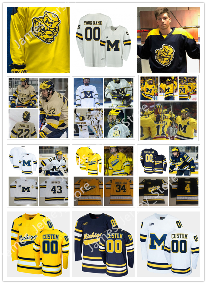 

2022 NCAA Custom Michigan Wolverines Hockey Jersey 43 Quinn Hughes Jerseys 19 DYLAN LARKIN Jersey 7 Nick Blankenburg 14 Josh Norris 10 Will Lockwood 74 Nicholas Boka, New white