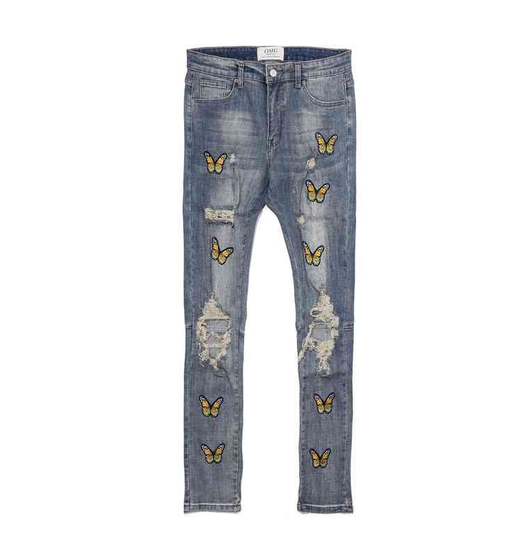 

Fashion new men's beggar broken hole butterfly embroidered jeans tide brand slim punk student pants, Light blue