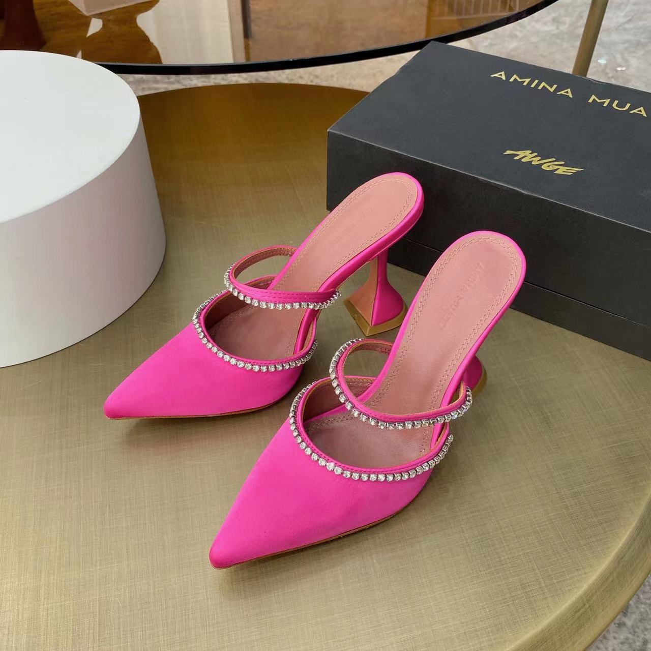 

Amina Muaddi Sandals Designers 100% leather new women high heel sandal summer womens wedding dress shoes Heels party sexy Slides slippers large size 34-42 with box