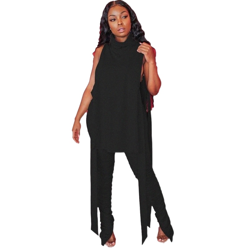 autumn Fashion Solid Color Casual Two Piece Set Loose High Neck Sleeveless Vest And Trousers Women's Suit Jumpsuits & Rompers t5pk#-image-790035921