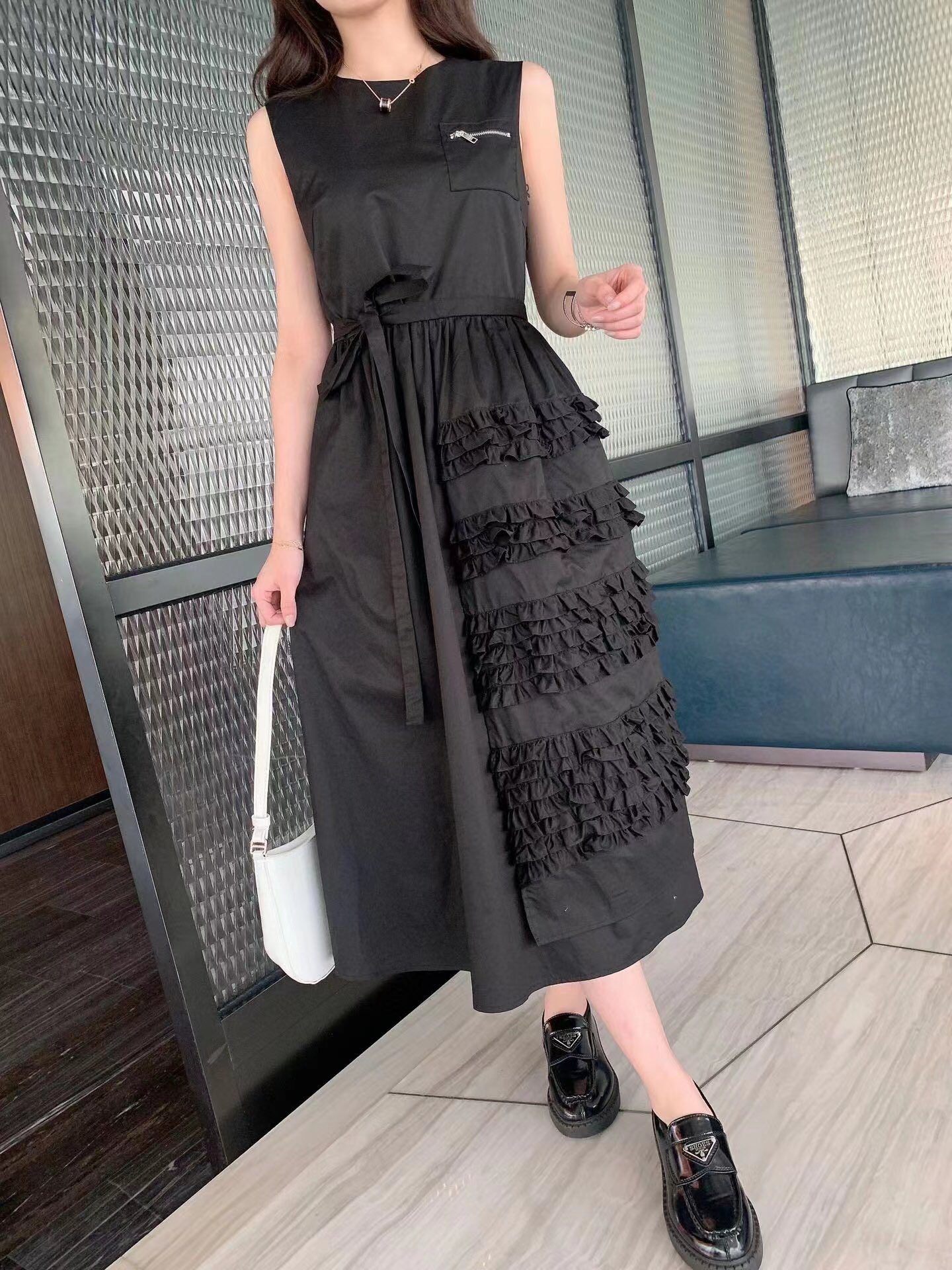 

European fashion brand new side lace up waist sleeveless vest dress, Black