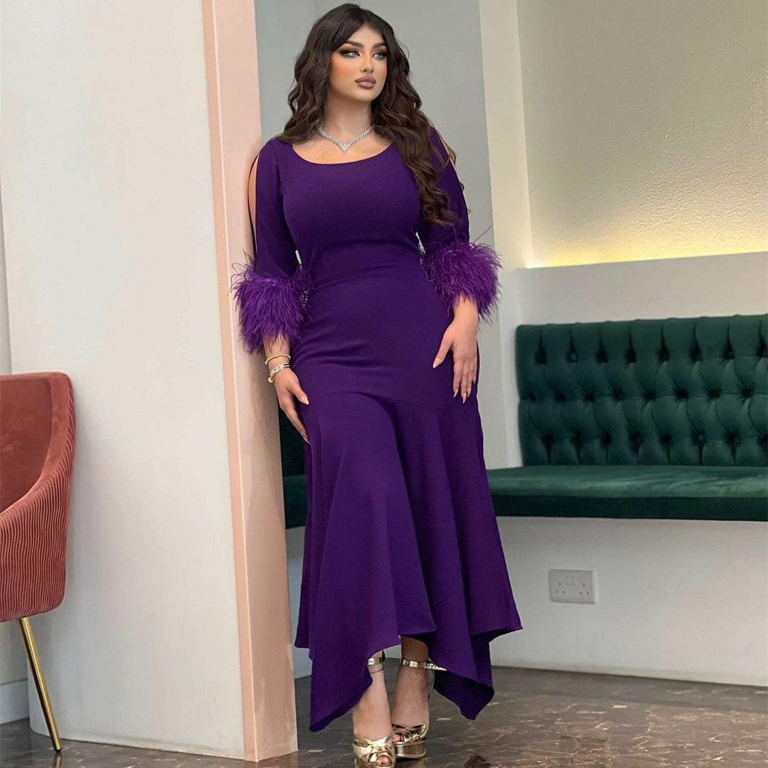 

Elegant Long Evening Dresses with Feathers Sheath Purple Abendkleider Floor Length Custom Made Prom Party Gowns, Dark navy