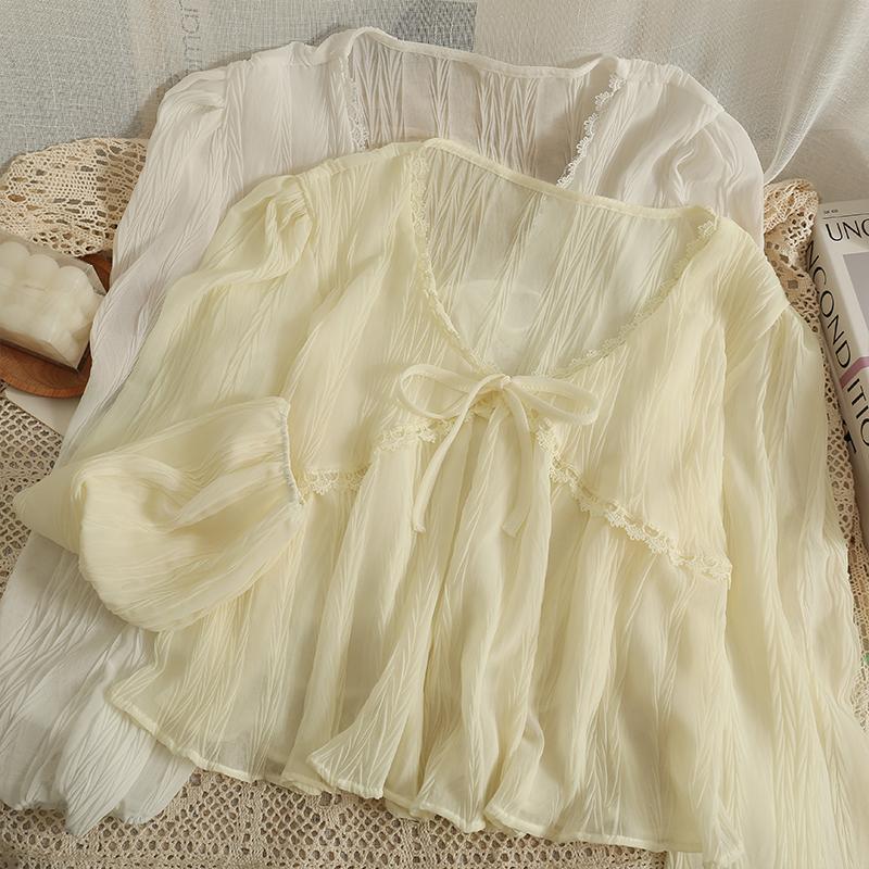 

Women's Jackets Bow Tie Wrinkle Chiffon Sun Protection Shirt Versatile Women Long Sleeve Solid Loose Thin 2022 Summer Abrigos MujerWomen's