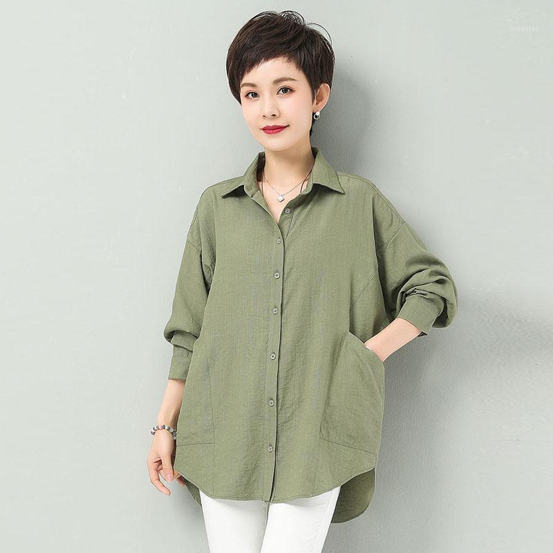 

Women's Blouses & Shirts Cotton Women Tops 2022 Spring Linen Cottons Casual Plus Size Womans Vintage Turn-down Collar Green