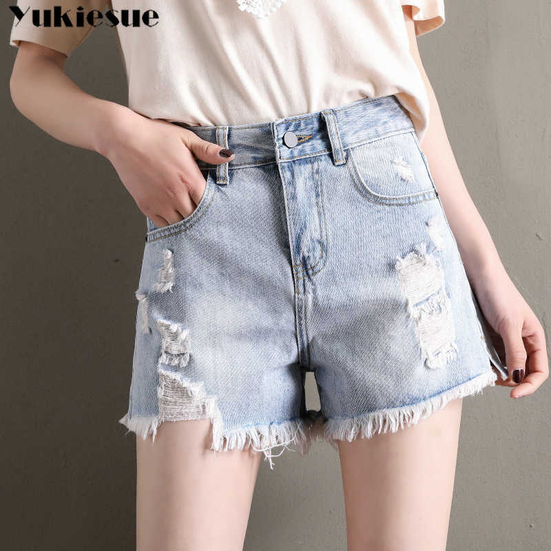 

summer denim shorts women ripped high waist Jean female loose hole jeans with pockets casual plus size split up 210608, Dark blue