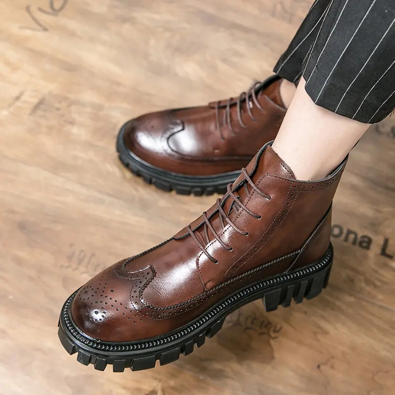 

Martin Boots Men Shoes Solid Color PU Leather Casual Round Toe Simple Fashion Lace-up Flat Bottom Comfortable Classic Hollow Carved Brogues HM526, Clear