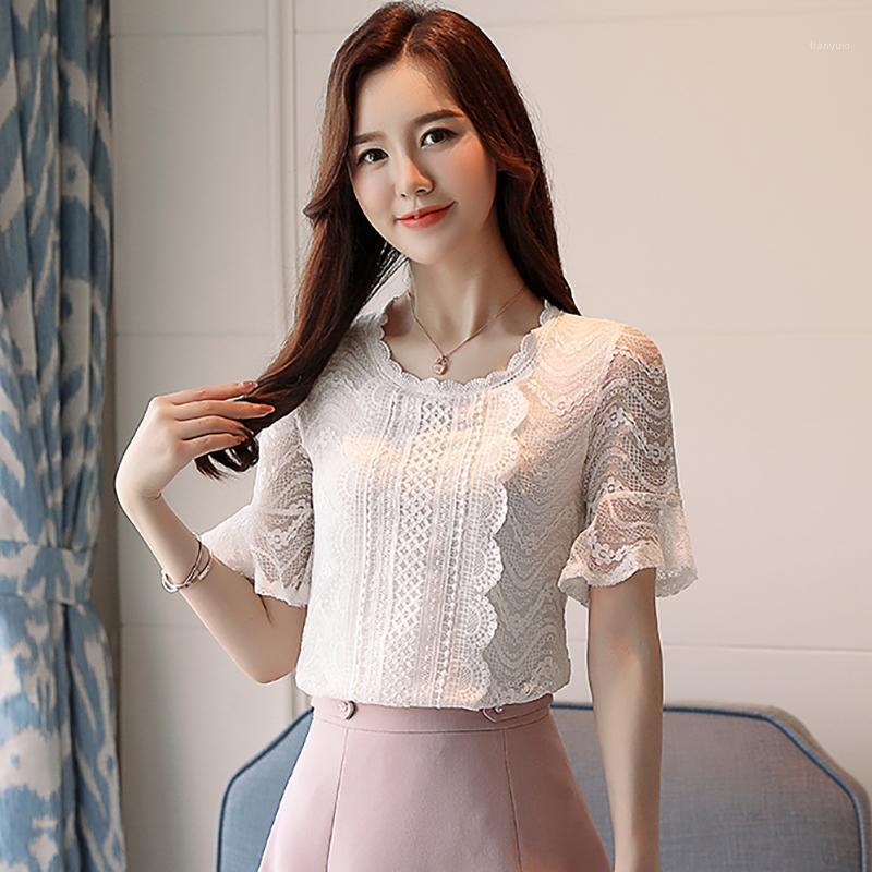 

Women' Blouses & Shirts Hollow Out Thin White Shirt Women Clothes Flare Sleeve 2022 Summer Lace Chiffon Woman Blouse Korean Fashion Womens