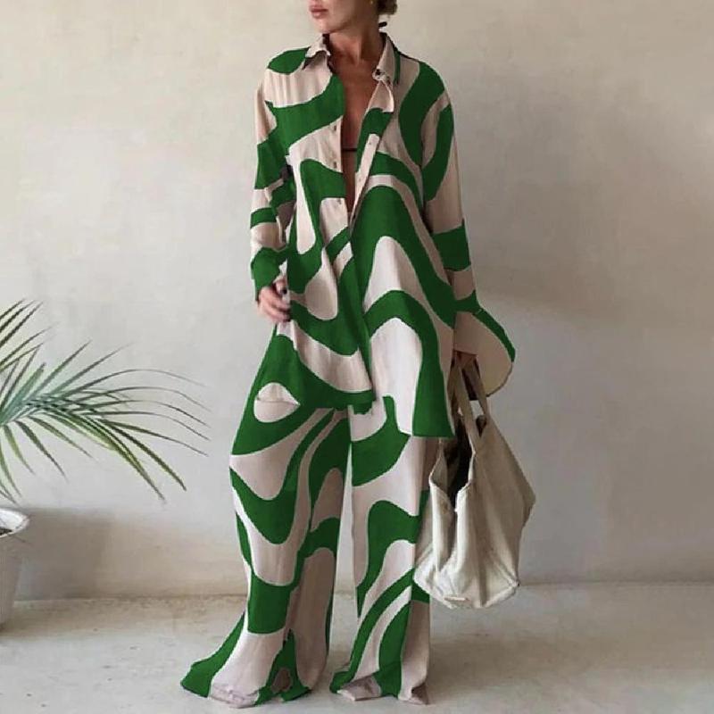 

Women's Sets Two Piece Pants Fashion Printed Loose Long Sleeve Shirt and Straight Pants for Women