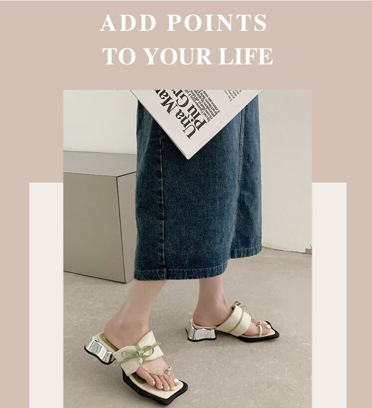 Line slippers women's 2022 new Korean bow out fashion trend thick heel high-heeled slippers