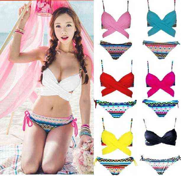 

Korean Style Criss Cross Halter Top Wrap Bikini Push Up Bathing Suits Sexy Print Swimwear Bottom Women Bandage Swimsuit, Hot pink
