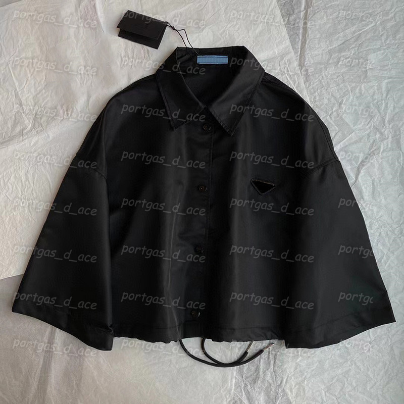 

Triangle Badge Womens Shirts Black Summer Casual Fashion Blouses Ladies Short Sleeve Lapel Shirt, Black #