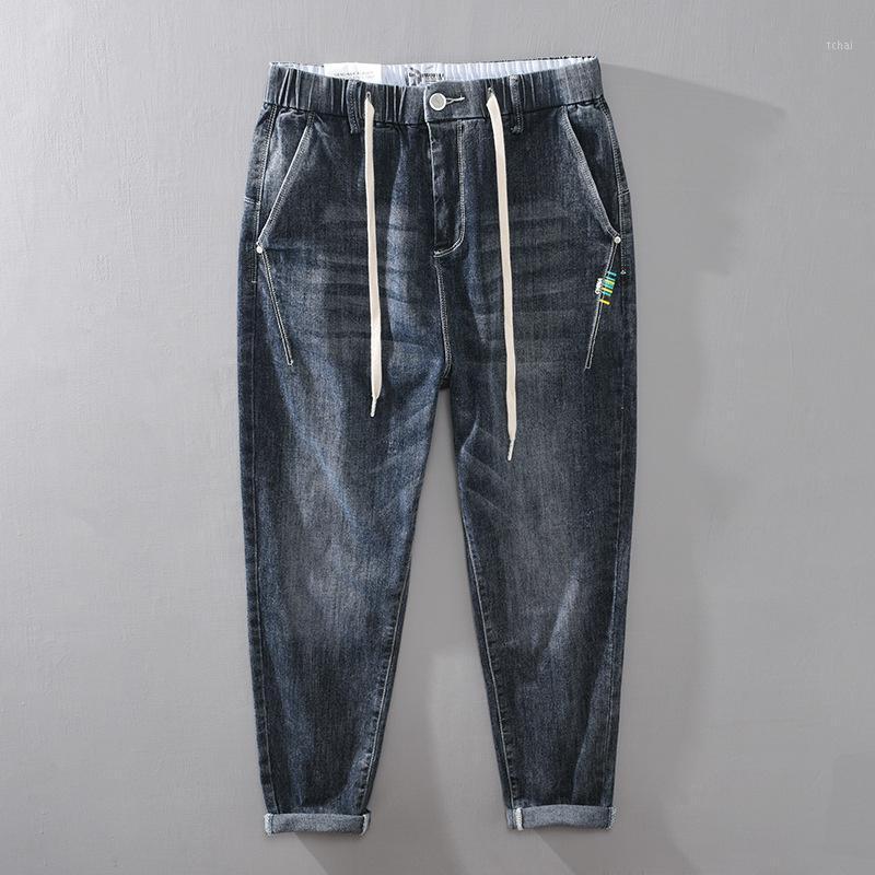 

Men's Jeans Male Winter Autumn Fashion Solid Color Casual Loose Straight Mens Elastic Waist Drawstring Cowboy Vintage Blue Denim Pants, Black