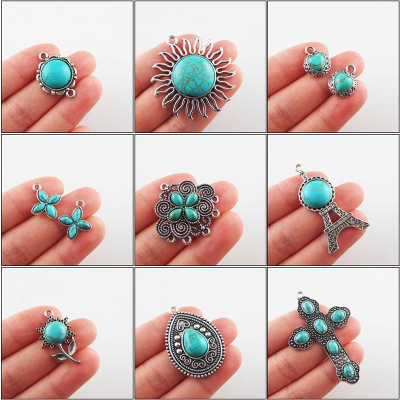 

Charms Fashion Turquoise Stone Flower Heart Teardrop Cross Tower Tibetan Silver Plated Pendants RetroCharms