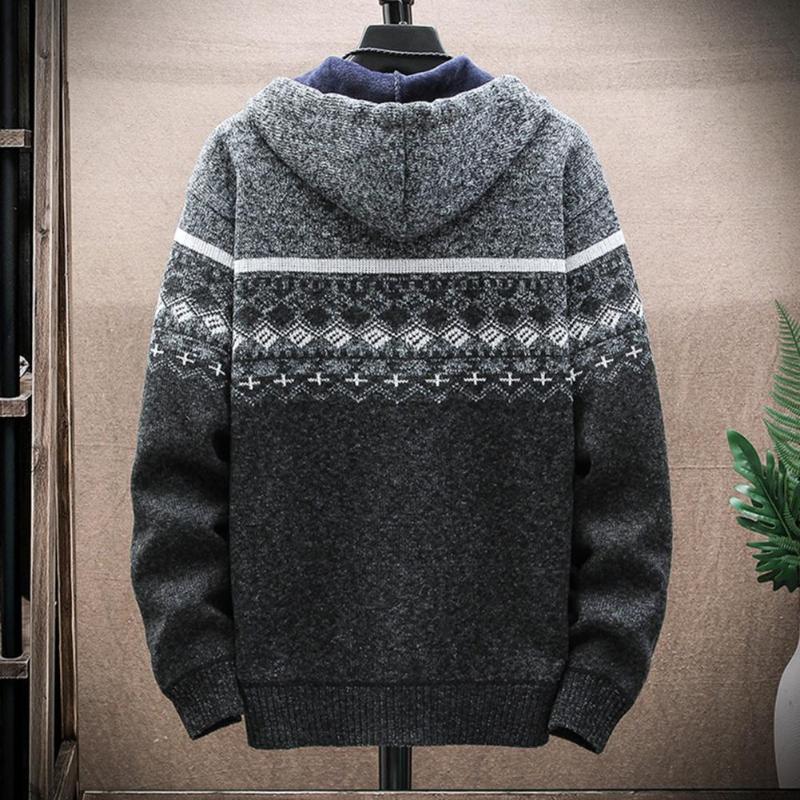 

Men's Jackets Men Jacket Vintage Print Color Block Drawstring Plush Cardigan Sweater Hooded Coat CasualMen's, Light grey