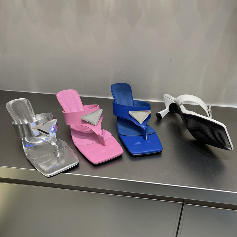 

Women New Slipper Brand Fashion Crystal Ladies Elegant Slides Thin Med Heel Square Toe Slip On Sandal Flip Flops, Pink