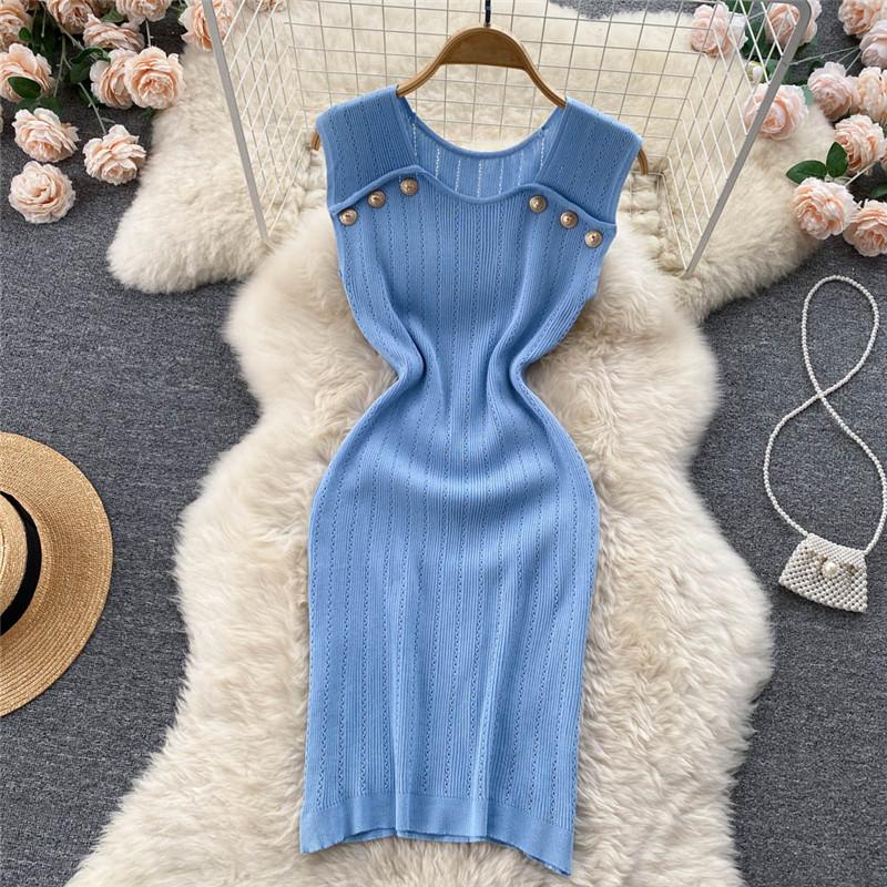 

Casual Dresses Summer Women Knit Buttons Dress Vestidos Sweet Ladies Sleeveless Solid Slim Clothing CostumesCasual CasualCasual, Black