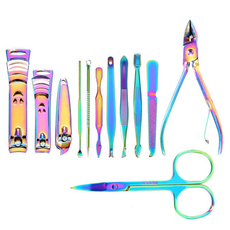 

Nail Art Kits Rainbow Stainless Steel Clipper Kit Cuticle Pusher Tweezer Dead Skin Remover Manicure Set ToolsNail