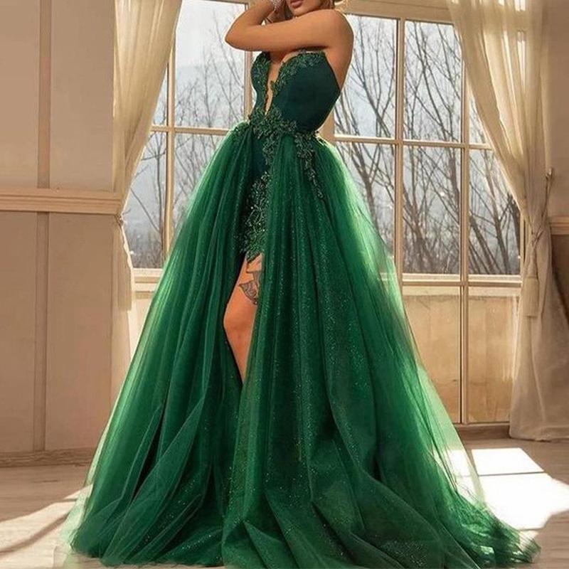 

Party Dresses Sexy Prom Dress Strapless Deep V-Neck High Slit Beading Evening Formal Applique Tulle Vestidos De NocheParty, Pink