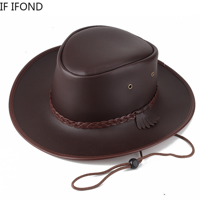

High Quality Men Western Cowboy Hat Faux Leather Gentleman Jazz Vintage Cap Autumn Winter Sombrero Hombre Caps 220813, Black