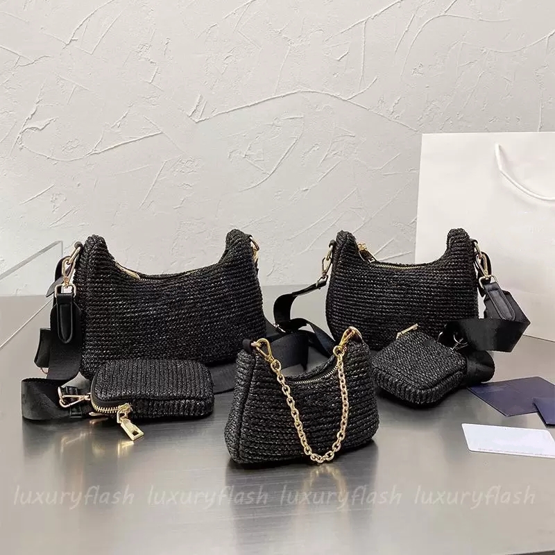 

Straw Crossbody Bag Nylon Waterproof Chain Wide Shoulder Strap Fashion HOBO Designers Luxurys Coin Purse 2pcs, Khaki with l*g*