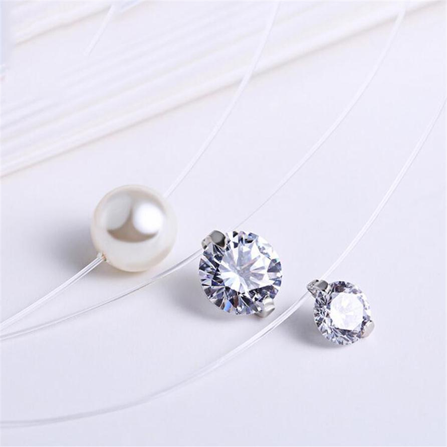 

6-8mm White CZ And Pearl Invisible Clear Rope Necklace 925 Silver Women Jewelry297z