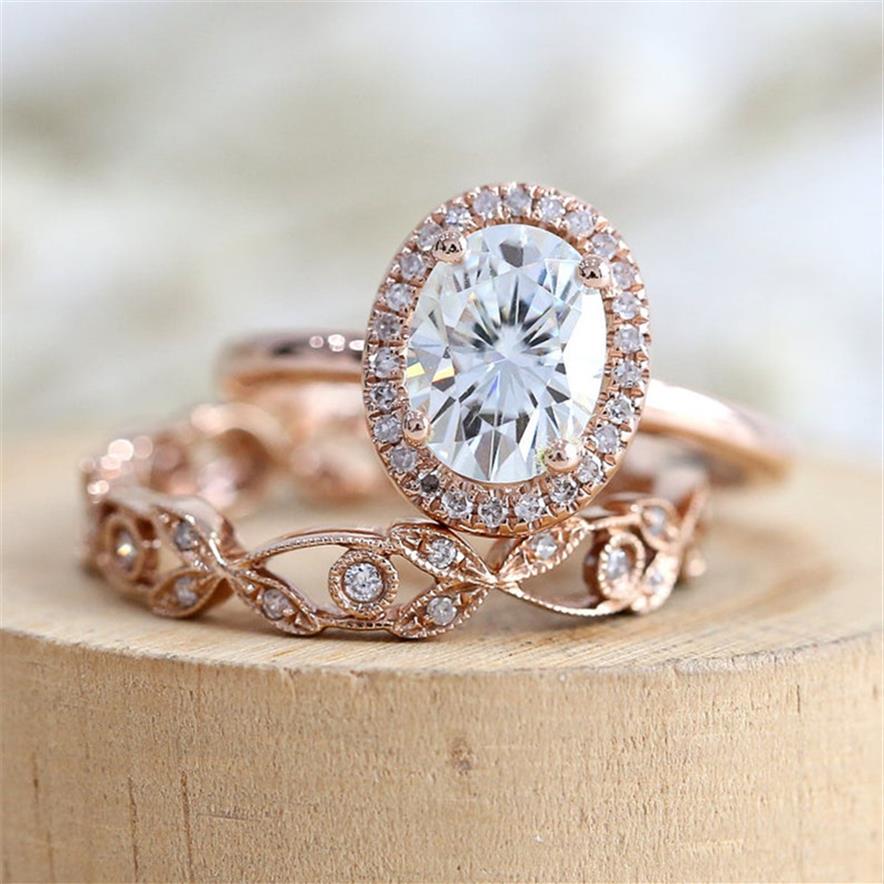 

18K Rose Gold Filled Antique Design White Sapphire and Diamond Bridal Wedding Ring Set US Size 5-12313f