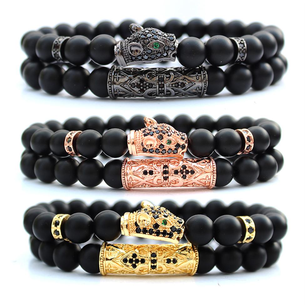 

natural black stone beads pulseras hombre mens jewellery leopard bracelet 2pcs/set braclet for men jewelry bracciali armbanden238z