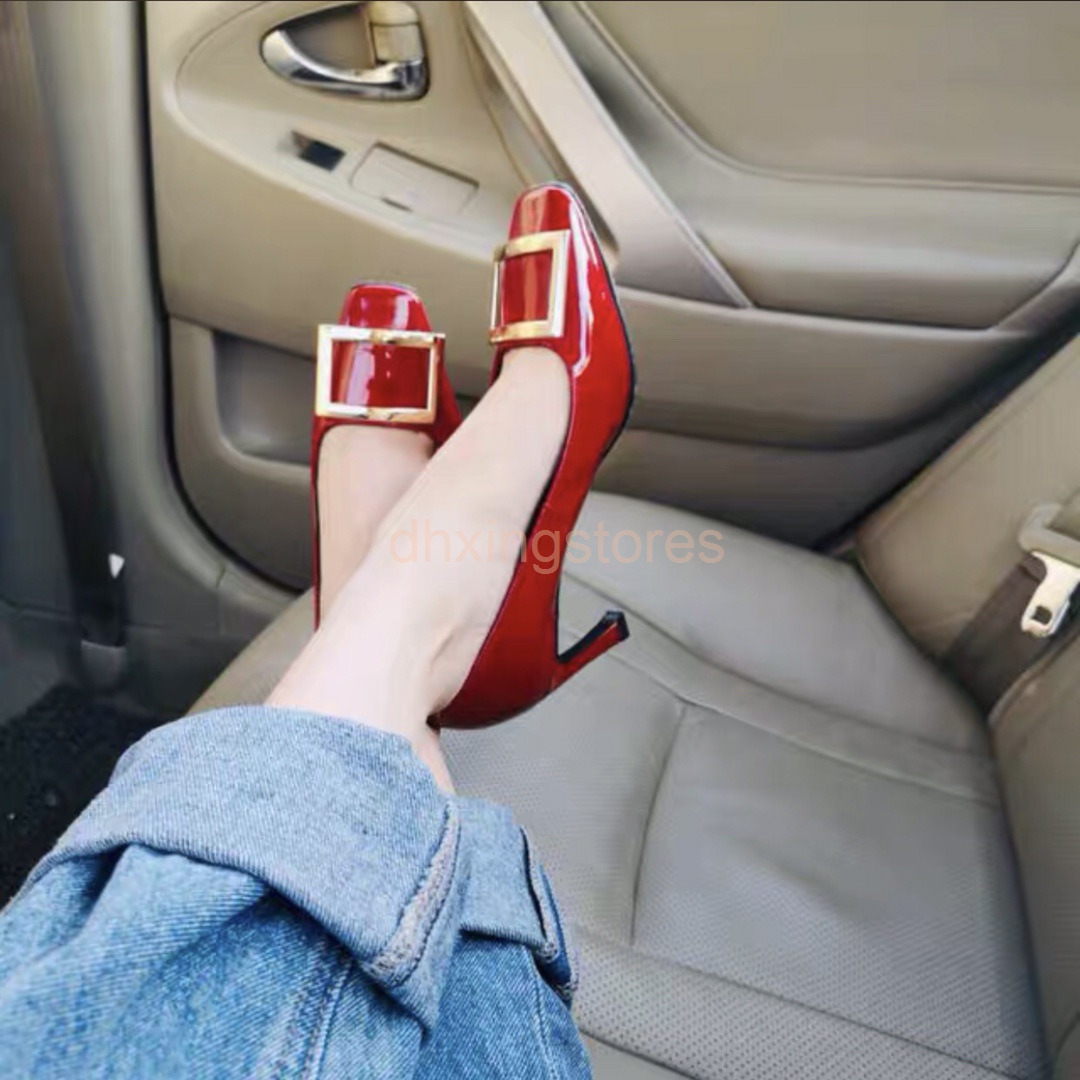 

Designer Dress Shoes RV Square Buckle Horseshoe Thick Heel Patent Leather High Heels Women's French Wedding Shoe Shallow Mouth Flat Sole - LF, Pigeon grey 7cm