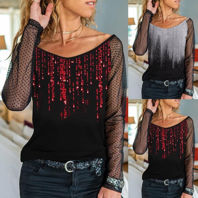

Women' Blouses & Shirts Oversized Mesh Sleeve Tops Women Fashion Sequined Print Long-Sleeve V-neck Loose Splice Blouse Summer Daily Casual, Silver