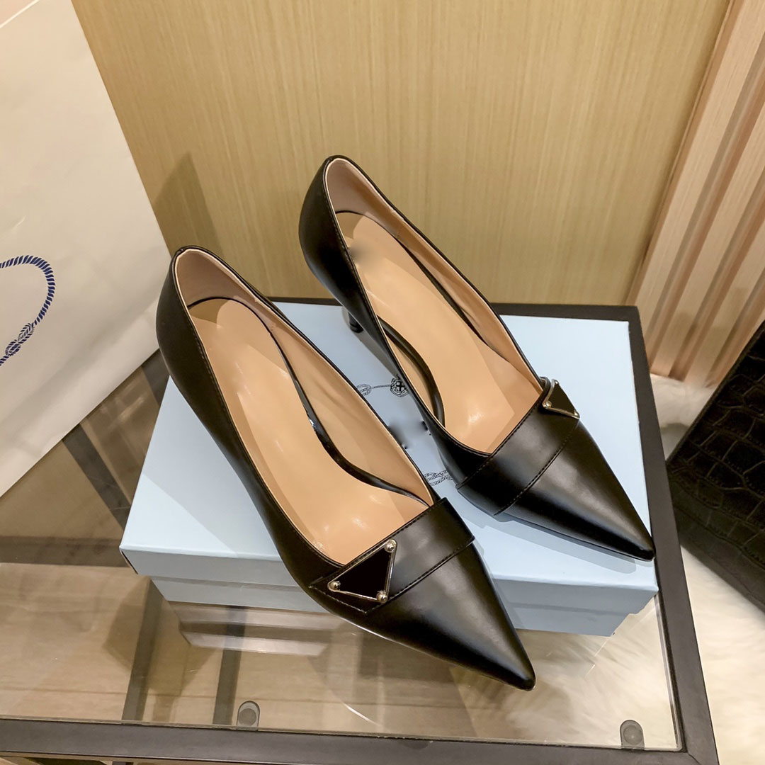 

Ladies Luxury Designer Dress High Heels Shoes Metal Triangle Decoration Heel Height 8cm 34-42, Black