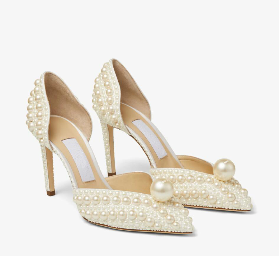 

Women Sandals dress pump high heels luxury brands shoes designer heeled Sabine 85mm White Satin Pumps with All-Over Pearl Embellishment pointed, 12